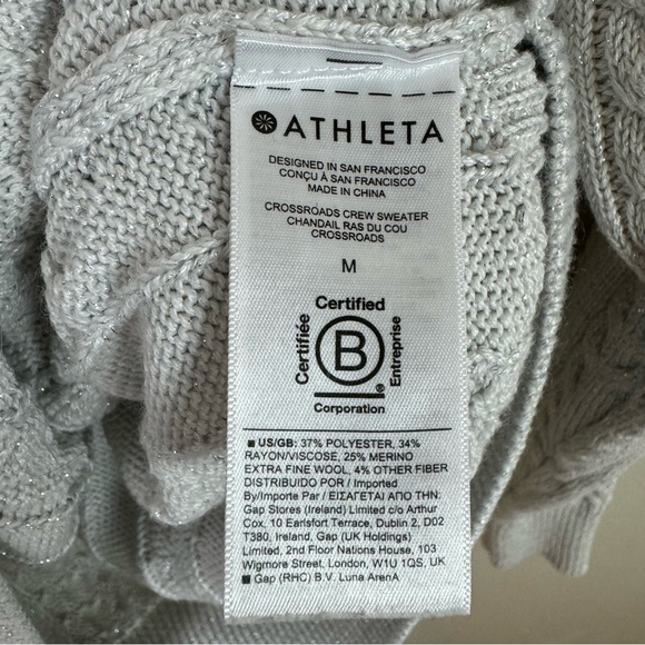 Athleta Sweater Womens Size Medium Crossroads Gray Metallic Crew Wool Cable Knit - Picture 9 of 9